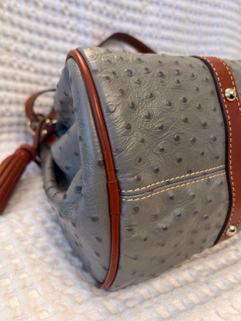 Dooney & Bourke Ostrich Embossed Satchel Gray Tassel Bag Brown Trim Gold Hardwar - Picture 12 of 16
